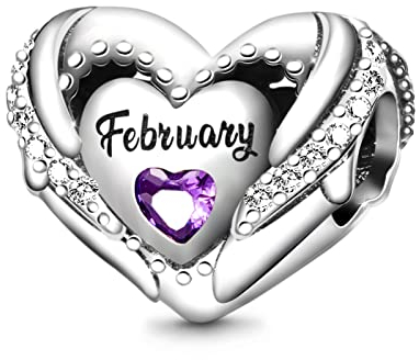 GNOCE Geburtsstein-Charm für Charms-Armband 925er Sterlingsilber Liebes-Herz-Perle Alles Gute zum Geburtstag Charms für Armband/Halskette Geschenk (Februar)