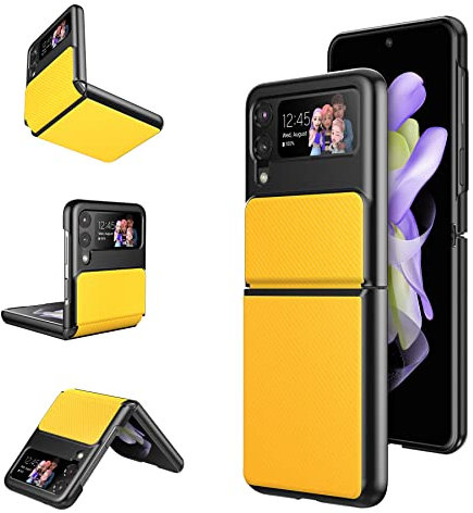 Foluu Case for Samsung Galaxy Z Flip 4, Z Flip 4 Case with Hinge Protection PU Leather + Hard PC Shell Ultra Thin Slim Durable Protective Case for Galaxy Z Flip 4 5G 2022 (Yellow)