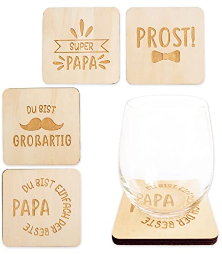 Papierdrachen 4 Glasuntersetzer aus Holz mit Filzrücken und Gravur Papa zum Vatertag - tolle Geschenkidee - in 4 verschiedenen Designs - Vatertagsgeschenk