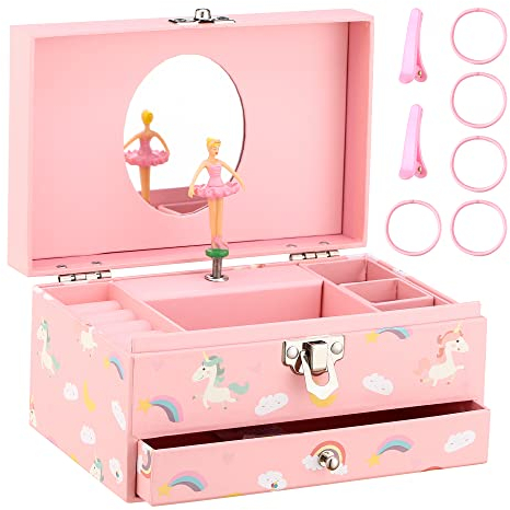 behave Musik schmuckkästchen mit Aufziehschlüssel & Spiegel - Schmuckaufbewahrung und Organizer für elegante Schätze - Schmuckkästchen in Rosa mit Regenbogen-, Wolken- und Einhornmotiven