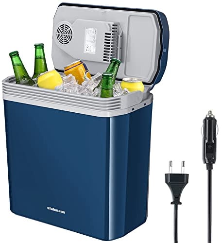 Nevera eléctrica portátil para coche, de 24 litros, mini nevera con mango ergonómico, enchufe de 230 V y 12 V, modo frío y cálido, ideal para camión, coche, barco, camping, caravana (azul)