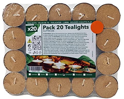 AROMATIS - 20 x Teelichter aus wildem Zimt – Einzelne Duftkerzen Ø 39 mm – ideal für Aromatherapie, Dekoration, Ambiente, Essenzbrenner