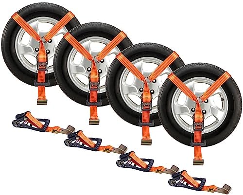 VEVOR Unterlegkeil-Spanngurt-Set, 50,8 x 3048 mm Spanngurte Autotransport, 4-teiliges Anhänger-Spannsystem 5000 kg Bruchlastkeit, ATVs, Anhänger, Unterlegkeil, Spanngurt-Zubehör Orange + Schwarz