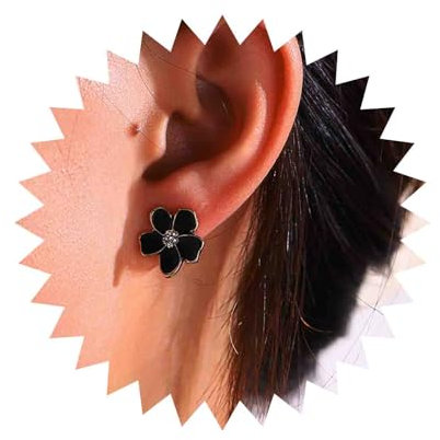 Yheakne Boucles D'oreilles Boho Fleur Noire En Émail - Clou, Non Percées, Clip CZ - Bijoux Pour Femmes Et Filles