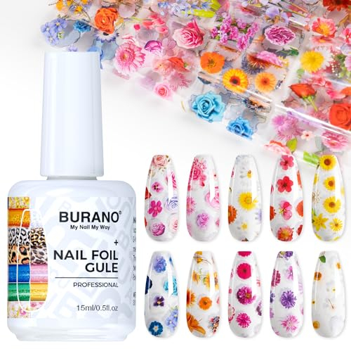 BURANO Nail Art Nail Foil Glue Gel, o.5 oz with 10PCS Foil Stickers Set Nail Foil Glue for Nails Foil Transfer Gel, Nail Design DIY UV LED Lamp Required (Flower Foil 09)