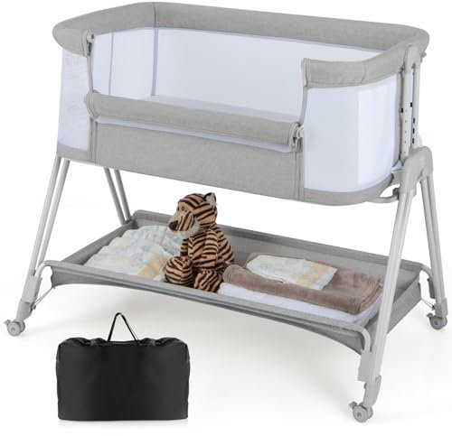 COSTWAY 2 in 1 Beistellbett & Stubenwagen klappbar, tragbare Babybett mit 7 verstellbaren Höhen & Matratze & Tragetasche & Gurte, verstellbare Reisebett für Neugeborene bis 6 Monate (Grau)