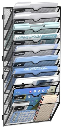 JMHUD 10-stöckiger Wandordner, Büro-Hänge-Briefhalter, Wandmontage, Netzpapier, Dokumenten-Organizer für Büro, Zuhause, Schule, Schwarz