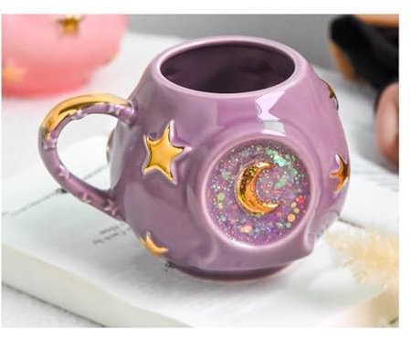 Taza de café hecha a mano de 400 ml con diseño de estrella de tarot o luna, taza de café de hielo de cielo estrellado, taza de té de cerámica rosa degradado para el hogar y la oficina (púrpura)