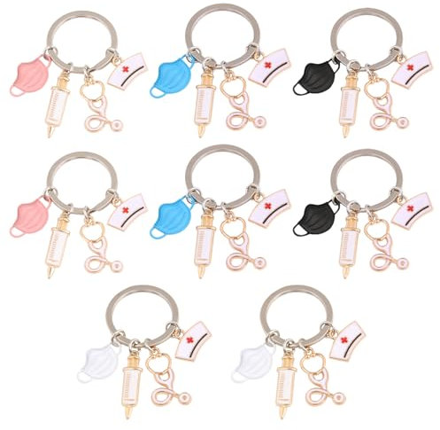 Keboyoe 8 Pièces Porte-clés pour Infirmière Infirmière Porte-clés Nouveauté Porte Clef avec Gravure de Seringue,Bonnet et Stéthoscope Créative Porte Clef Femme, pour Médecin Infirmière Cadeaux