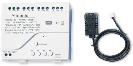 Yitouniu Tuya Smart, sensore di temperatura e umidità WiFi a 4 canali, 85-250 V, con telecomando tramite app, controllo vocale, funzione smart scene, uscita contatto asciutto e compatibile con Alexa