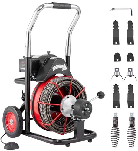 VEVOR Rohrreinigungsmaschine mit Rädern 30 m x 12,7 mm, automatische Zufuhr, tragbares Rohrreinigungsgerät mit 8 Schneidern und luftaktiviertem Fußschalter für 5 bis 10 cm Rohre
