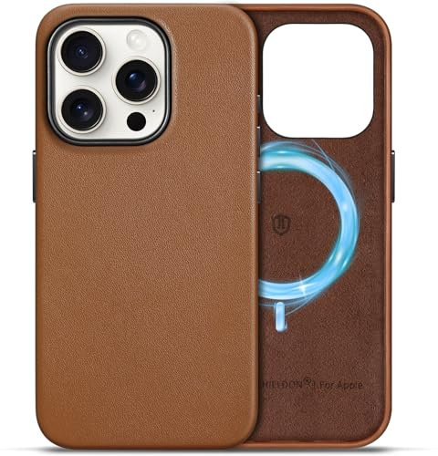 SHIELDON Genuine Leather Case for iPhone 15 Pro 6.1, Magnetic Wireless Charging [Slim Fit][Non-Slip][Metal Buttons] Shockproof Protective Phone Case Compatible with iPhone 15 Pro- Saddle Brown