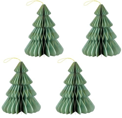 Weihnachtsbaum Anhänger 4er Set aus Papier Tannenbaum- Scandi Faltbare Hängedeko in Hellgrün Magnet & Goldkante - Moderne Weihnachtsdeko Ø 23 x 30 cm für Wohnzimmer, Fenster & Weihnachtsbaumschmuck