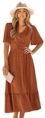 HEYPORK Damen Frühling Sommer Rock Bequem Lässig Kleider Mode Elegant Röcke Frauen V-Ausschnitt Solide Farbe Lotus Blatt Ärmel Lässig Langes Kleid(C Rot, XL)