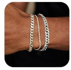 JEMARA Mens Silver Bracelet,Stainless Steel Silver Bracelet for Men Silver Chain Cuban Link Bracelet for Men 3 Pcs Mens Bracelets Set 7+1.2 in