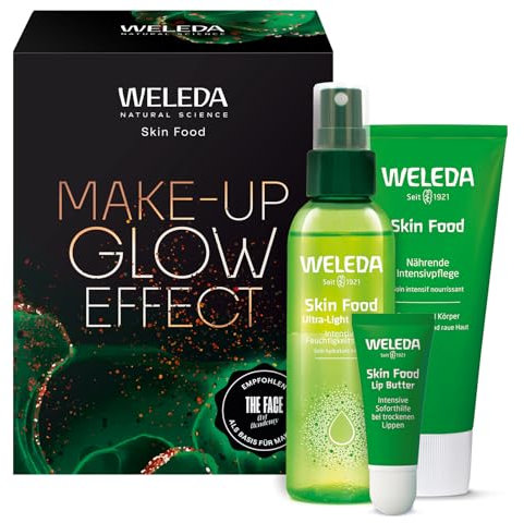 WELEDA Bio Geschenk Set Skin Food Make-Up Glow Effect - Naturkosmetik Geschenkbox mit SkinFood Hautpflege, 2in1 Dry Oil & Lip Butter Lippenbalsam - Unisex Gesichtspflege / Körperpflege Geschenkset