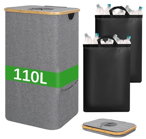 FYting Pfandflaschen SammelbehäLter,110 L Pfandflaschen Behälter XXL mit 2 Stück Herausnehmbarem Wasserdichtem Innenbeutel, Faltbarer SchmutzwäSchebehäLter mit Deckel Für Kleidung, Spielzeug(Grau)