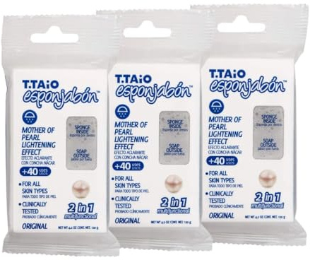 T.Taio – EsponJabón – 3er-Pack Schwamm + Seife 2-in-1 mit Perlmutt – Hellt auf & spendet Feuchtigkeit – Ganzheitliche Hautpflege – Unisex – 360g