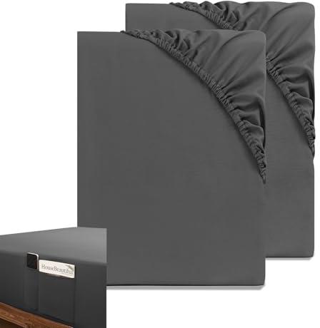 HIG Spannbettlaken 90x200cm 2er Set, Dunkelgrau Microfaser Spannbetttuch mit 35cm Tiefe Tasche für Boxspringbett, Spannbetttücher mit Seitlicher Tasche für Handy Fernbedienung, ÖKO-TEX Zertifiziert