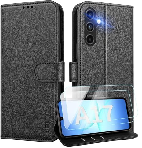 UITUIM Cover per Samsung Galaxy A17 5G/4G Custodia con 2 Vetro Temperato Pellicola a Libro Portafoglio Libretto in Pelle Porta Carte Protettiva Flip Case,Nero