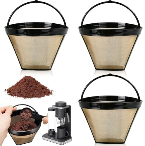 3 PCS Goldtonfilter Kaffee Dauerfilter 6-8 Tasse Edelstahl Kaffee Filter Mesh Korb Waschbar Kaffeefilter Für 8-12 Tassen Kaffees, Filtergröße 4, mit Edelstahlgewebe, Griff