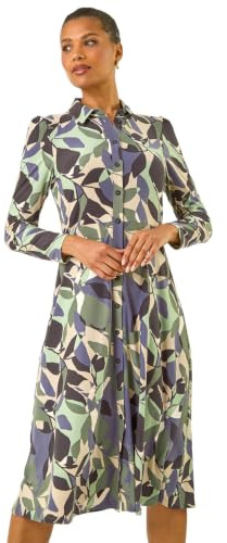 Roman Originals Shirt Dress for Women UK- Ladies Long Sleeve Belted Collared Midi Maxi Winter Autumn Smart Casual Button Through Evening Office A Line Swing Skater - Size 20 - Purple Abstract