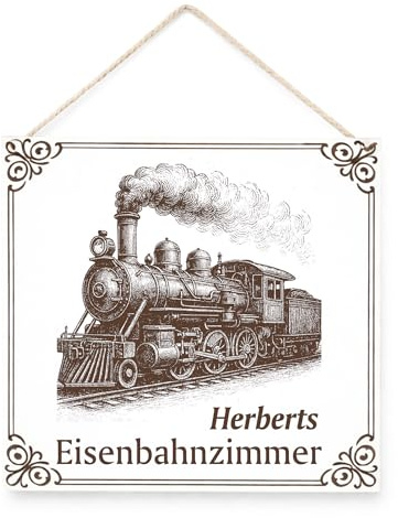 Eisenbahn Schild personalisiert 15x15 cm – Holzschild Modellbahn Zimmer mit Name – HDF Weiß Braun Lasergravur – Geschenk für Männer, Eisenbahn Fans, Lok Deko