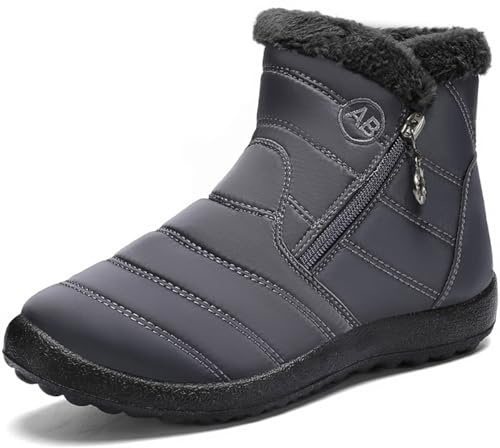 FUJEAK Winter Snow Boots for Mens Fur Lined Warm Ankle Slip On Anti-Slip Casual Boots Waterproof Outdoor Boots Comfortable Lightweight Shoes Gray UK Size 10