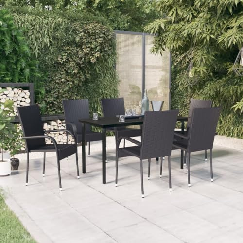 Tonture 7-TLG. Garten-Essgruppe Schwarz, PE-Rattan & Stahl, 140x70cm Tisch, 6 Stühle, Terrassenmöbel Set für Außenbereich, Balkon
