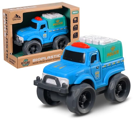 Cicili Spielzeug für Kinder, Mini Blau Polizeiauto Toy, Kinderspielzeug LKW | ab 18 Monate, aus Weizenstroh‑Biokunststoff, BPA-Frei, Geburtstage Geschenk für Junge und Mädchen