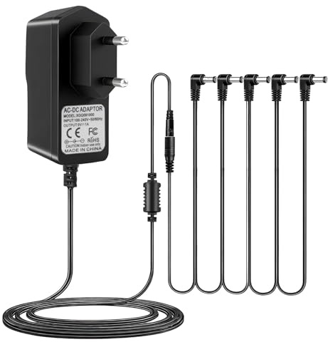 9V 1A Netzteil für Gitarren Pedale, DC Wandladegerät mit 5 Wege Daisy Chain Kabel, 100-240V AC zu DC Power Adapter mit 5.5*2.1mm für Boss Behringer DigiTech Zoom Casio Keyboards, Center Negative, 1M