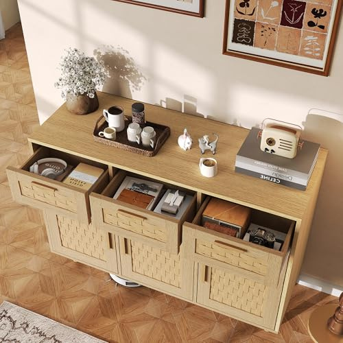 HYNHXBP Aparador 3 Puertas 3 Cajones Efecto Cannage 107,9 x 40 x 80 cm, color madera natural, mueble de almacenamiento con estanterías, bahut moderno para sala de estar comedor entrada