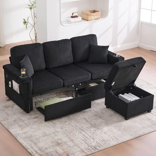 luckdect Canapé d'angle Convertible,canapé modulaire en Forme de L,Canapé Lit 3 Places avec Chaise Réversible,2 Tiroirs,Porte-gobelet,Repose-Pieds de Rangement,Port USB et Type-C,Moderne,Corduroy