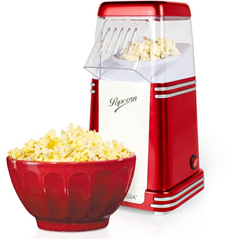 Nostalgia Máquina de Palomitas de Maíz Eléctrica de Aire Caliente, 2 Litros, Palomitas Saludables sin Aceite con Cucharilla Medidora, Rojo Retro
