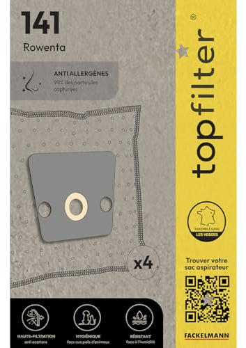 TopFilter 64141 Lot de 4 sacs aspirateur Rowenta, sac aspirateur, accessoire aspirateur, poche aspirateur, Non tissé polypropylène, Carton, Caoutchouc, 30 x 26 cm, Blanc