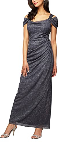 Alex Damen Long Mesh Cold Shoulder Dress (Petite and Regular) Kleid für besondere Anlässe, Smoke Glitter, 14