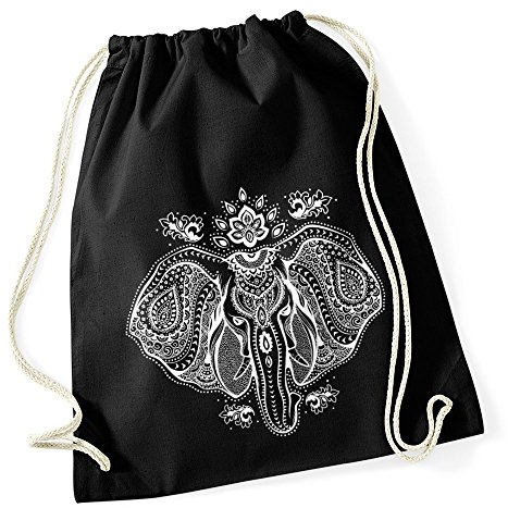 Autiga Turnbeutel Elefant Mandala Muster Hipster Beutel Tasche Jutebeutel Elephant Gymsac Stringbag Drawstring schwarz