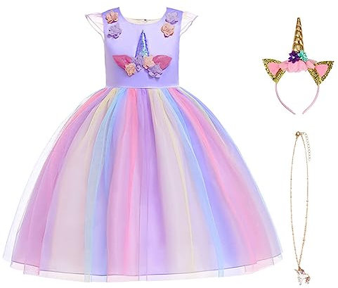 URAQT Robe Licorne Princesse Fille, Costume Multicolore (Lila) 140 pour 6-7 Ans