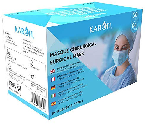 KAROFI - Pacco da 2500 Mascherine Chirurgiche TIPO II MEDICO, 4 STRATI, BFE > 98%, testate e approvate, certificate CE EN14683 : 2019, Cartone da 50 scatole x50 pezzi