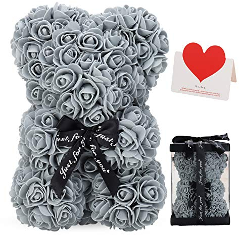 LINKLO Rose Bear Rose Teddy Bear -10 inch Artificial Rose Flower Bear, Gift for Valentines Day, Wedding, Mothers Day and Anniversary, Including Transparent Gift Box (Gray)