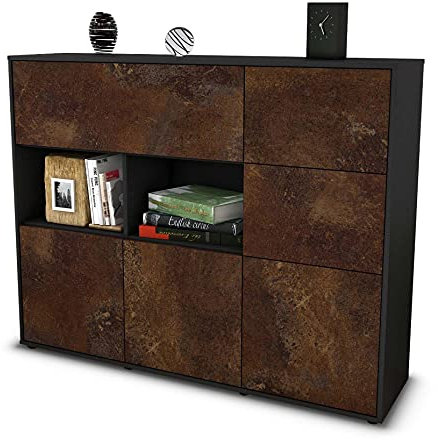 Stil.Zeit Highboard Kommode Velia, Korpus anthrazit matt, Front Industrie-Design Rost (136x108x35cm), Push-to-Open Technik & Leichtlaufschienen
