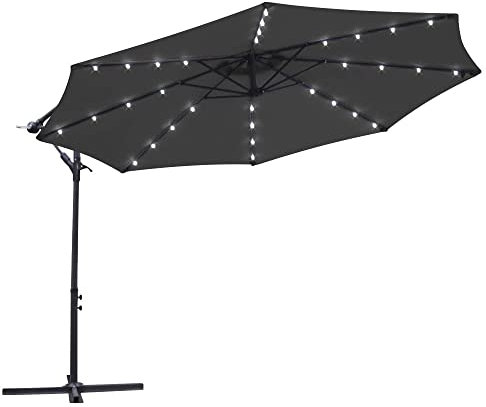 Green Bay Garden Banana Parasol Solar LED Lights 3m Sun Shade Shelter Crank Hanging Rattan Cantilever Outdoor Umbrella Black
