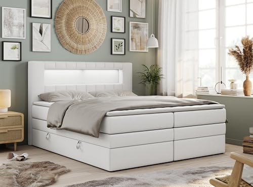 MKS MEBLE Boxspringbett 120x200 mit Led Kunstleder Weiß, Polsterbett 120x200 mit LED Kopfteil, Multipocket Matratze H3, Doppelbett mit Bettkasten Stauraumbett - GOLD-5-KING - Kunstleder Weiß