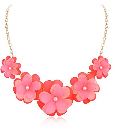 EVER FAITH Collier Femme Argent Collier Fleur Floral Été Plage Sautoirs Colliers pour Femmes Filles Rose Clair Ton d'or