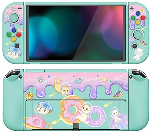 PlayVital Funda Suave para Nintendo Switch OLED - Carcasa Protectora Ergonómica para Joy-con, Grip Antideslizante con Tapas de Joysticks y Botones ABXY & Dirección (Donut Odyssey)