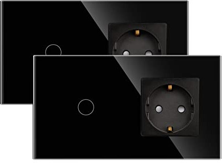 JIMEIDA 2 Pack Steckdose mit Lichtschalter Schwarz, Glas Touch Lichtschalter mit Schuko Steckdose Unterputz, 1-Fach 1-Poliger Wandschalter mit Status-LED, 500 W/Fach
