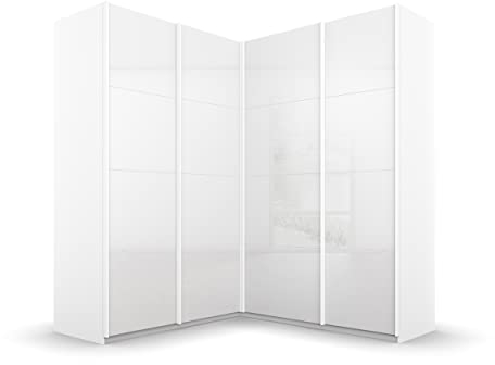 Rauch Möbel Quadra Schrank Eckschrank Schwebetürenschrank, Hochglanz Weiß / Weiß, 4-trg., inkl. 2 Kleiderstangen, 12 Einlegeböden, 3 Schubkästen, BxHxT 181x210x187 cm