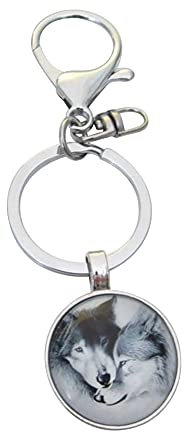 Porte-clés, bijou de sac cabochon couple loups avec mousqueton.