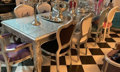 Casa Padrino Luxus Barock Esstisch mit Glasplatte Silber 300 cm - Handgefertigter Massivholz Esszimmertisch - Esszimmer Möbel im Barockstil - Extra Lang