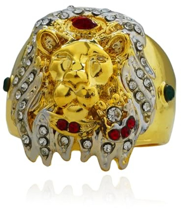 MayiaHey Löwenring, Goldener Löwenkopf Ring für Männer, Nordischer Wikinger-Löwentierring Löwenschmuck, Funkelnder Keltischer Löwenring Hip-Hop-Krone Löwenbandring Punk-Löwenring für Jungen (20.6)